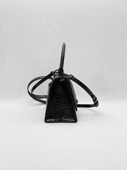 BALENCIAGA Hourglass Black Croc Embossed Top Handle