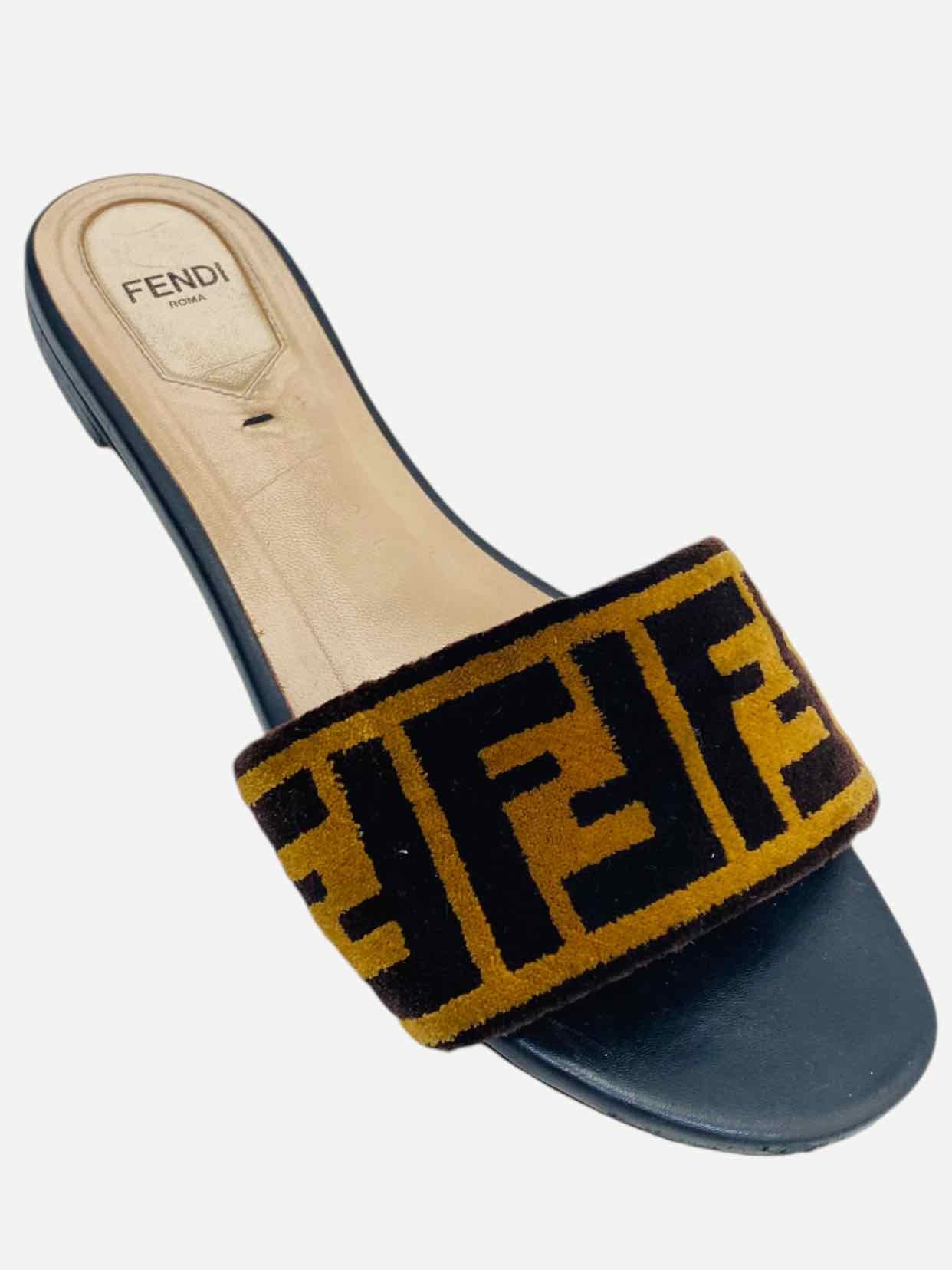 FENDI Velvet Brown & Black FF Motif Slides 37