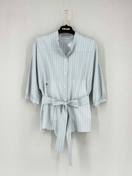 CHRISTIAN DIOR Grey & Blue Pinstripe Size US 6 Blouse