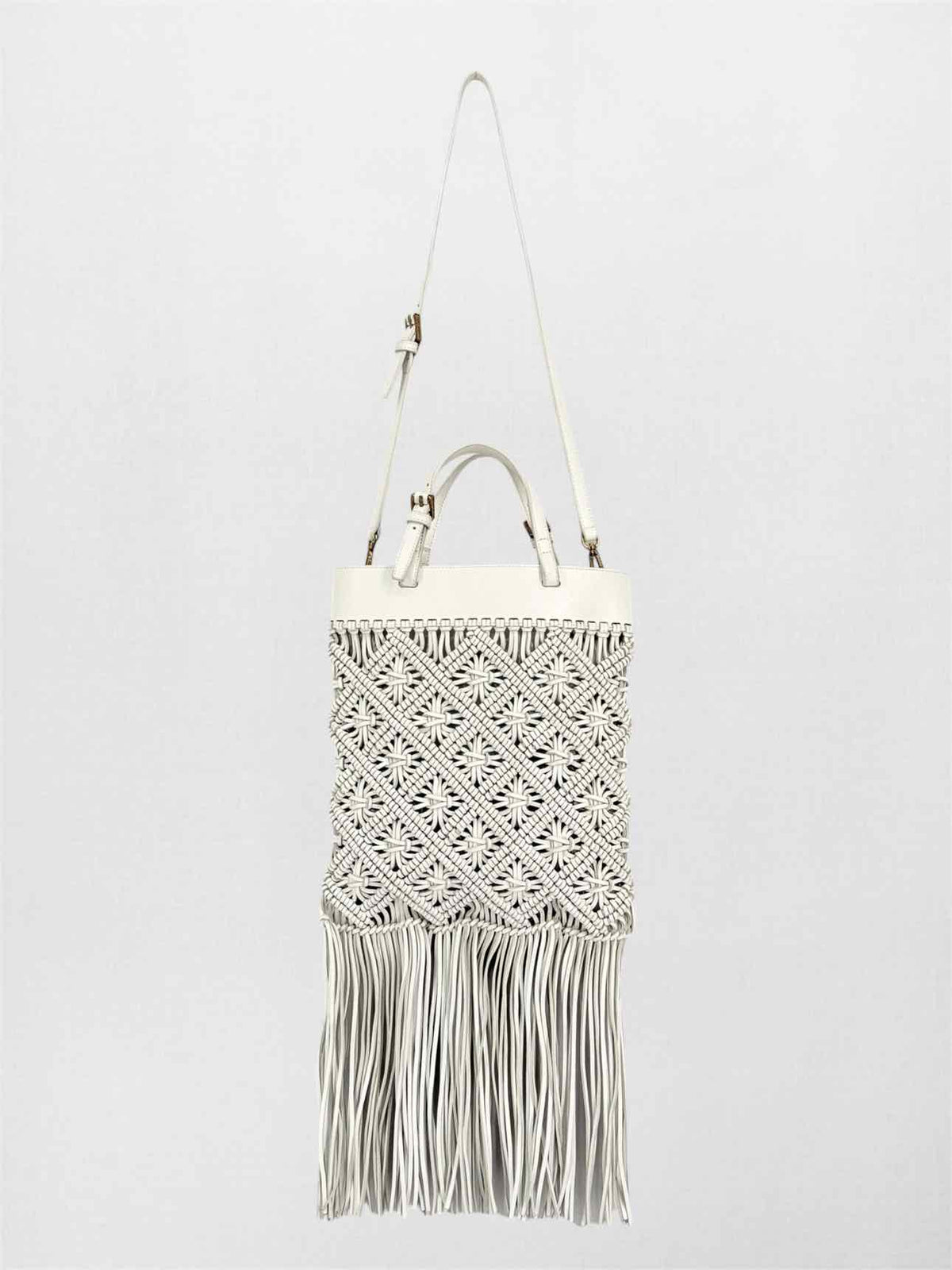 TORY BURCH Macrame Fringe Off-white Woven Crossbody