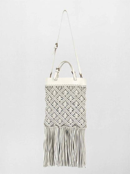 TORY BURCH Macrame Fringe Off-white Woven Crossbody
