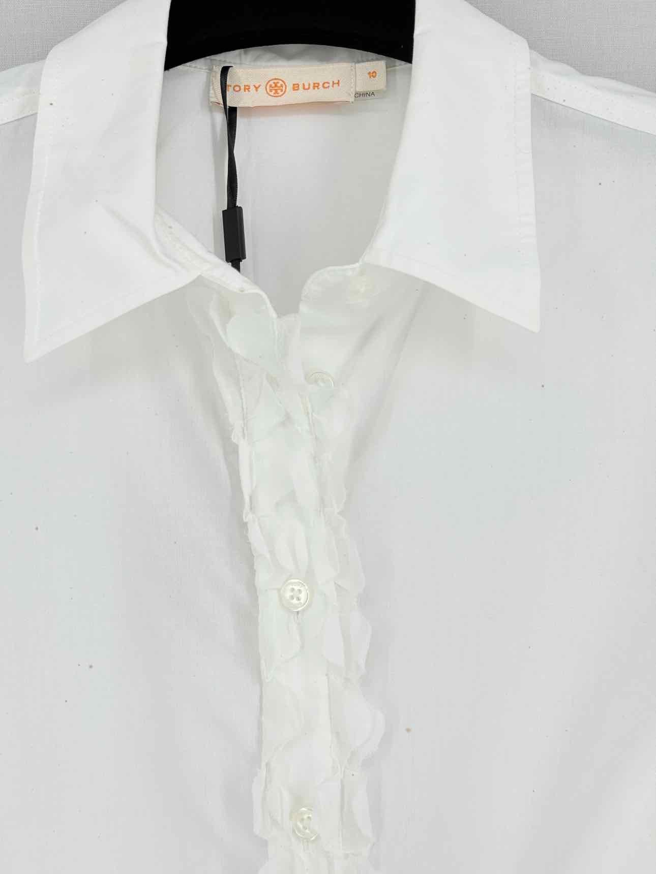 TORY BURCH White Ruffled Trim Size US 10 Shirt