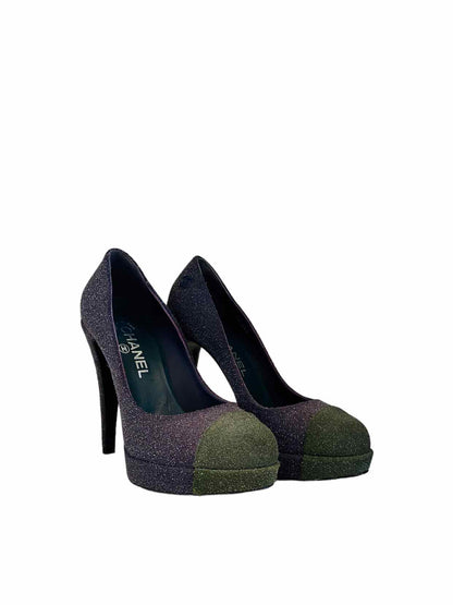 CHANEL Blue & Green Cap Toe Pumps 38.5