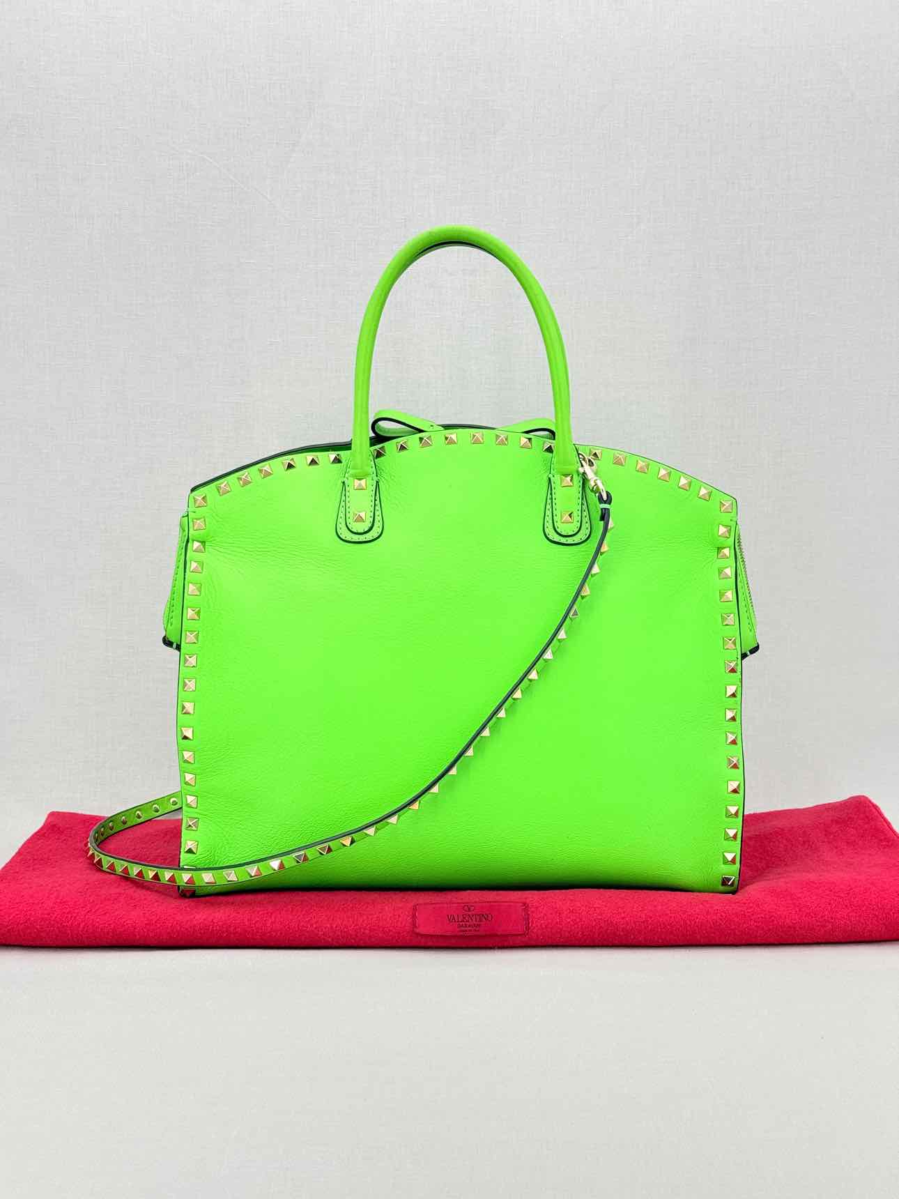 VALENTINO GARAVANI Rockstud Neon Green Tote Bag