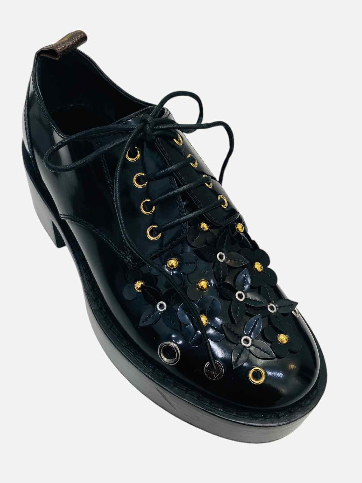 LOUIS VUITTON Black Monogram Applique Brogues 35