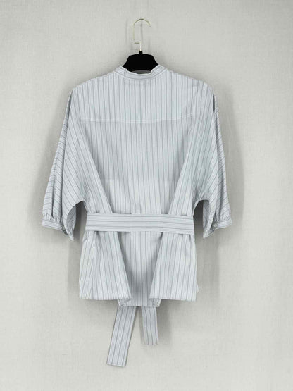 CHRISTIAN DIOR Grey & Blue Pinstripe Size US 6 Blouse