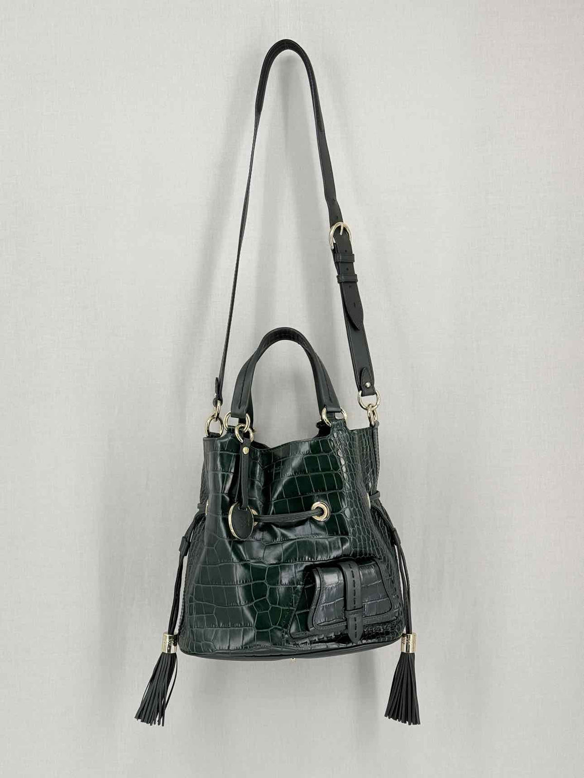 LANCEL Premier First Green Croc Embossed Bucket Bag