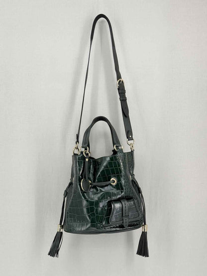 LANCEL Premier First Green Croc Embossed Bucket Bag