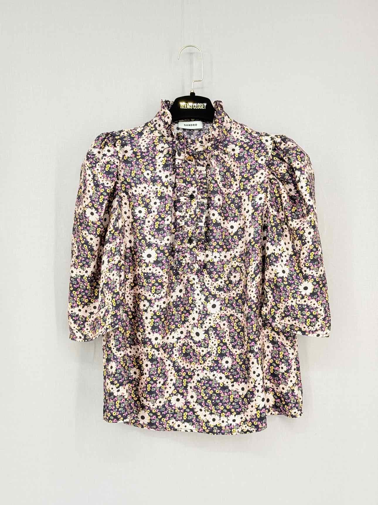SANDRO Black Multicolor Floral Size Medium Blouse