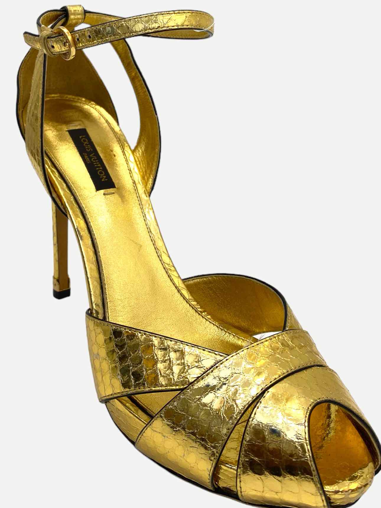 LOUIS VUITTON Ankle Strap Metallic Gold Heeled Sandals