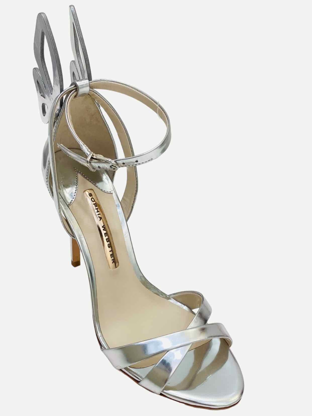 Pre - loved SOPHIA WEBSTER Butterfly Silver Heeled Sandals at Reems Closet