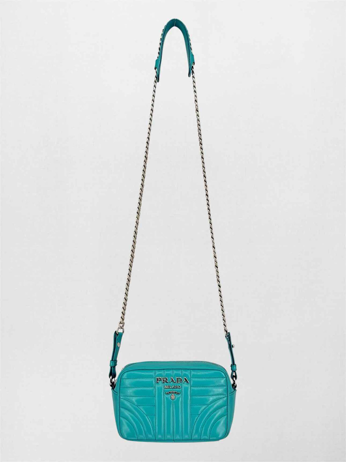PRADA Diagramme Camera Turquoise Quilted Crossbody