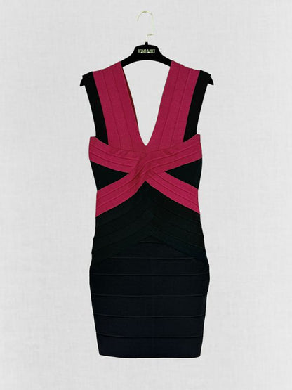 HERVE LEGER Black & Burgundy Size Small Short Dress