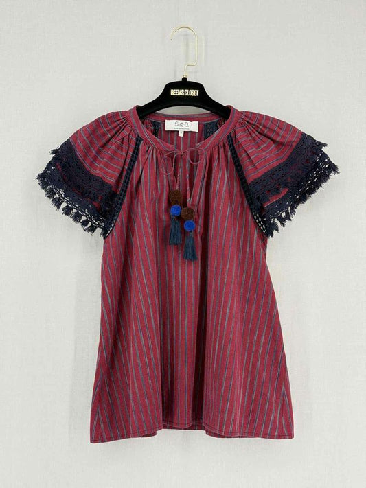 SEA Burgundy w/ Blue Pinstripe Size US 0 Blouse