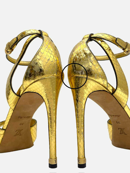 LOUIS VUITTON Ankle Strap Metallic Gold Heeled Sandals