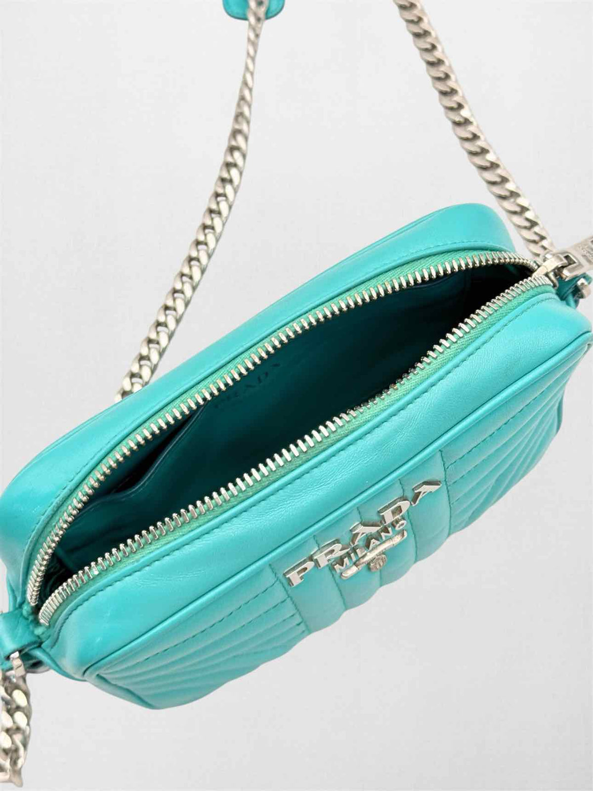 PRADA Diagramme Camera Turquoise Quilted Crossbody