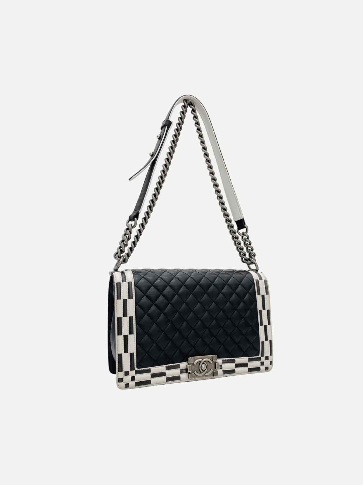 CHANEL Boy Black & White Checkerboard Trim Shoulder Bag