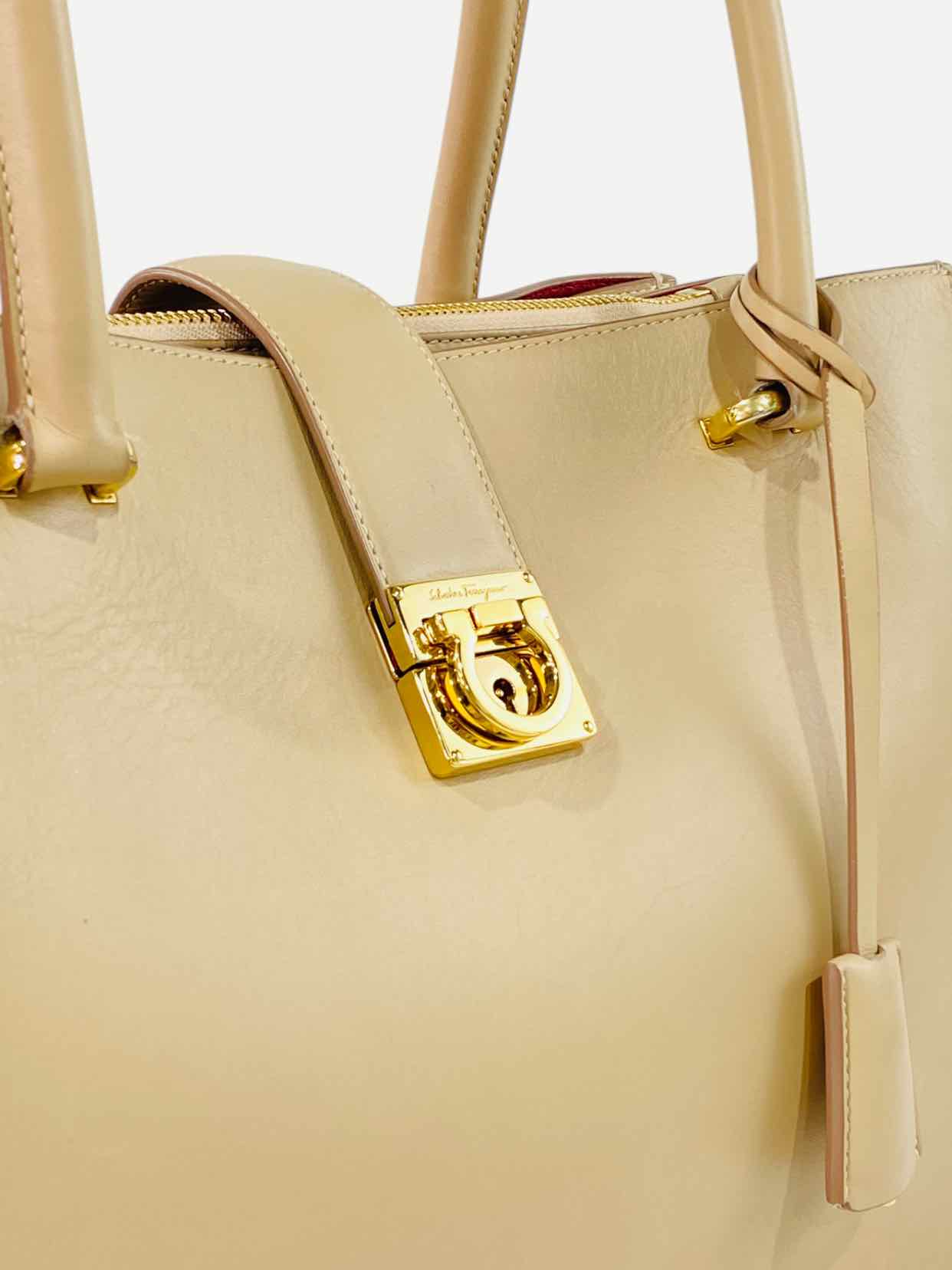 Pre - loved SALVATORE FERRAGAMO Gancini Lock Beige Tote Bag at Reems Closet