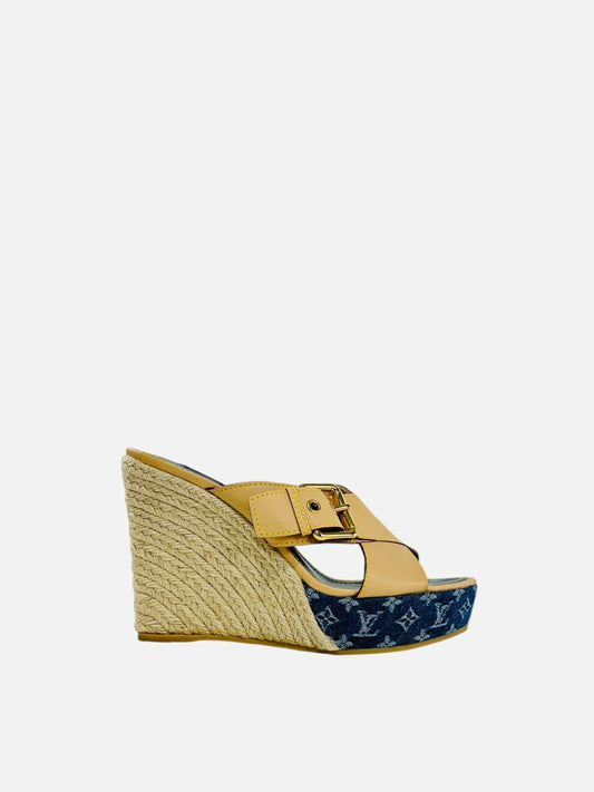 LOUIS VUITTON Espadrille Beige & Blue Monogram Wedges