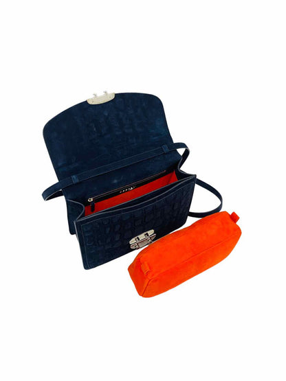 ASPREY Suede Navy Blue Quilted Top Handle