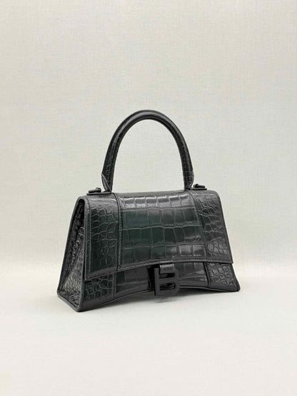 BALENCIAGA Hourglass Black Croc Embossed Top Handle