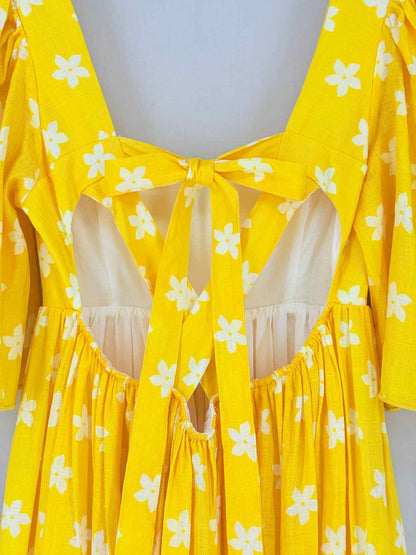 GUL HURGEL Tiered Yellow & White Size Small Midi Dress