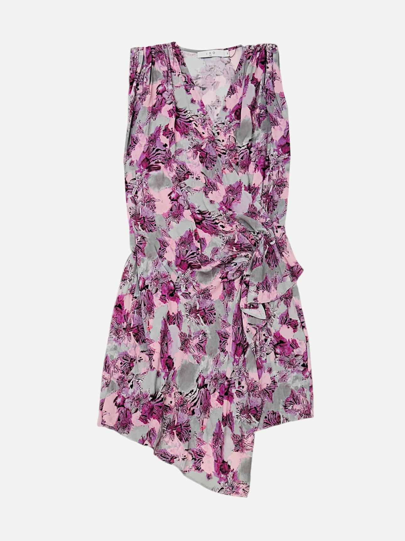 IRO Wrap Effect Pink & Grey Printed Mini Dress US10