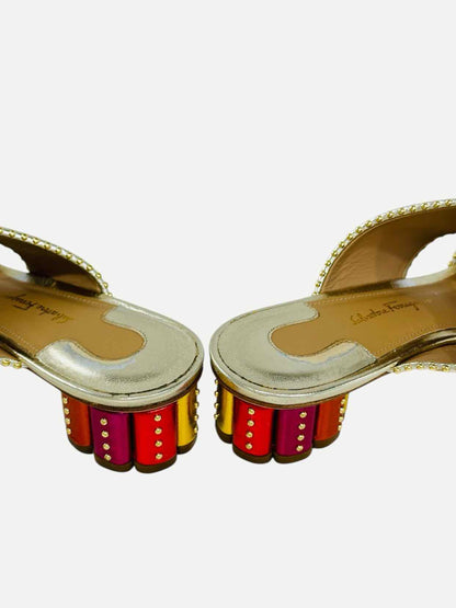 SALVATORE FERRAGAMO Belluno Studded Gold Mules 38.5