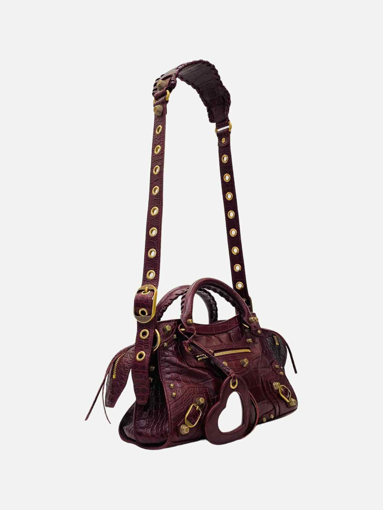 BALENCIAGA Cagole Burgundy Croc Embossed Leather Top Handle