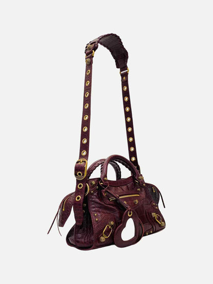 BALENCIAGA Cagole Burgundy Croc Embossed Leather Top Handle
