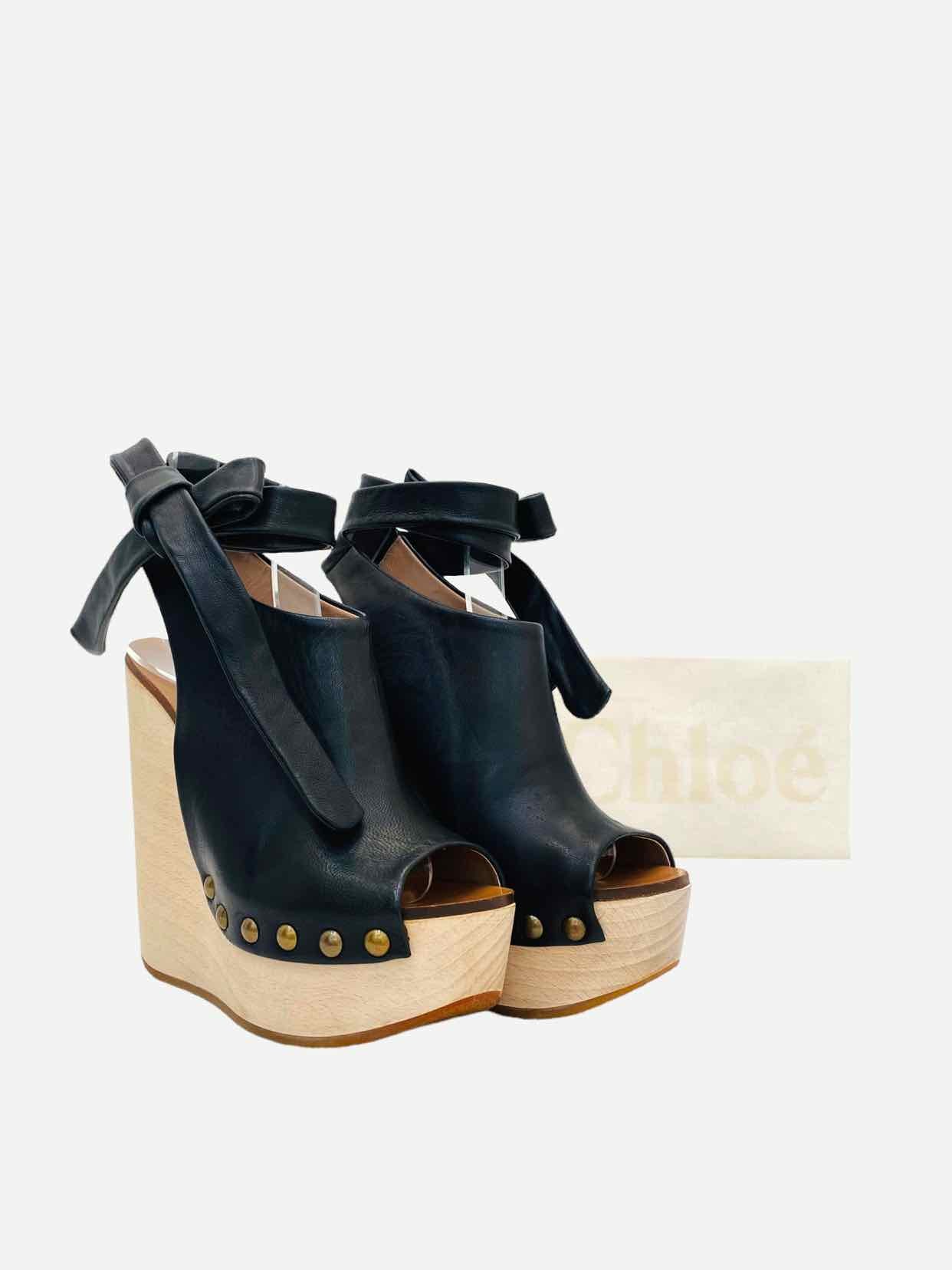 CHLOE Ankle Wrap Black Wedges 36.5