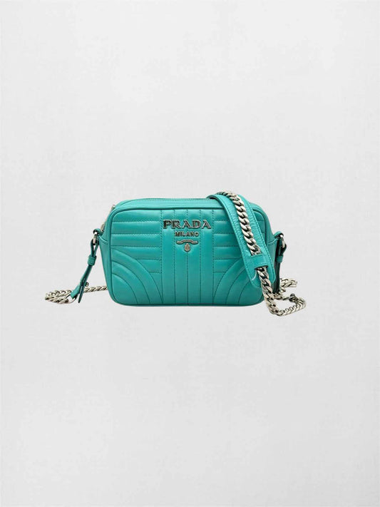 PRADA Diagramme Camera Turquoise Quilted Crossbody