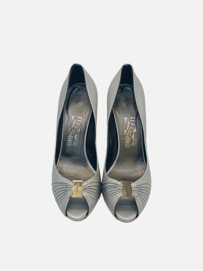 SALVATORE FERRAGAMO Peep Toe Silver Pumps