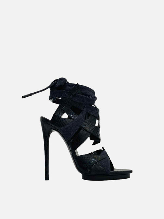 BALENCIAGA Vintage Black Embossed Heeled Sandals 38