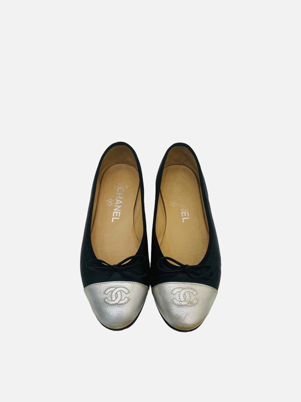 CHANEL CC Black & Silver Ballet Flats 36