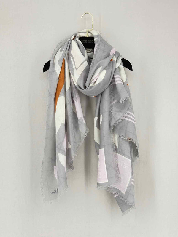 CHRISTIAN DIOR Grey Multicolor Leaf Print Scarf
