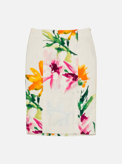 GF FERRE Pencil White, Green & Orange Knee Length Skirt