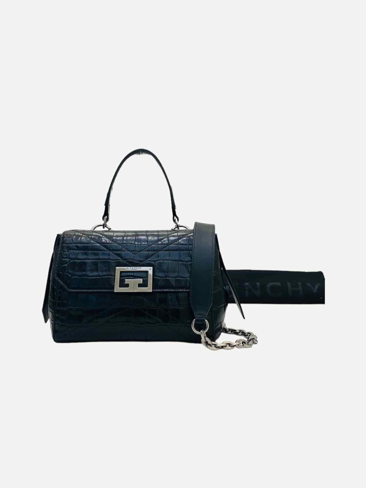 GIVENCHY ID Flap Black Croc Embossed Shoulder Bag