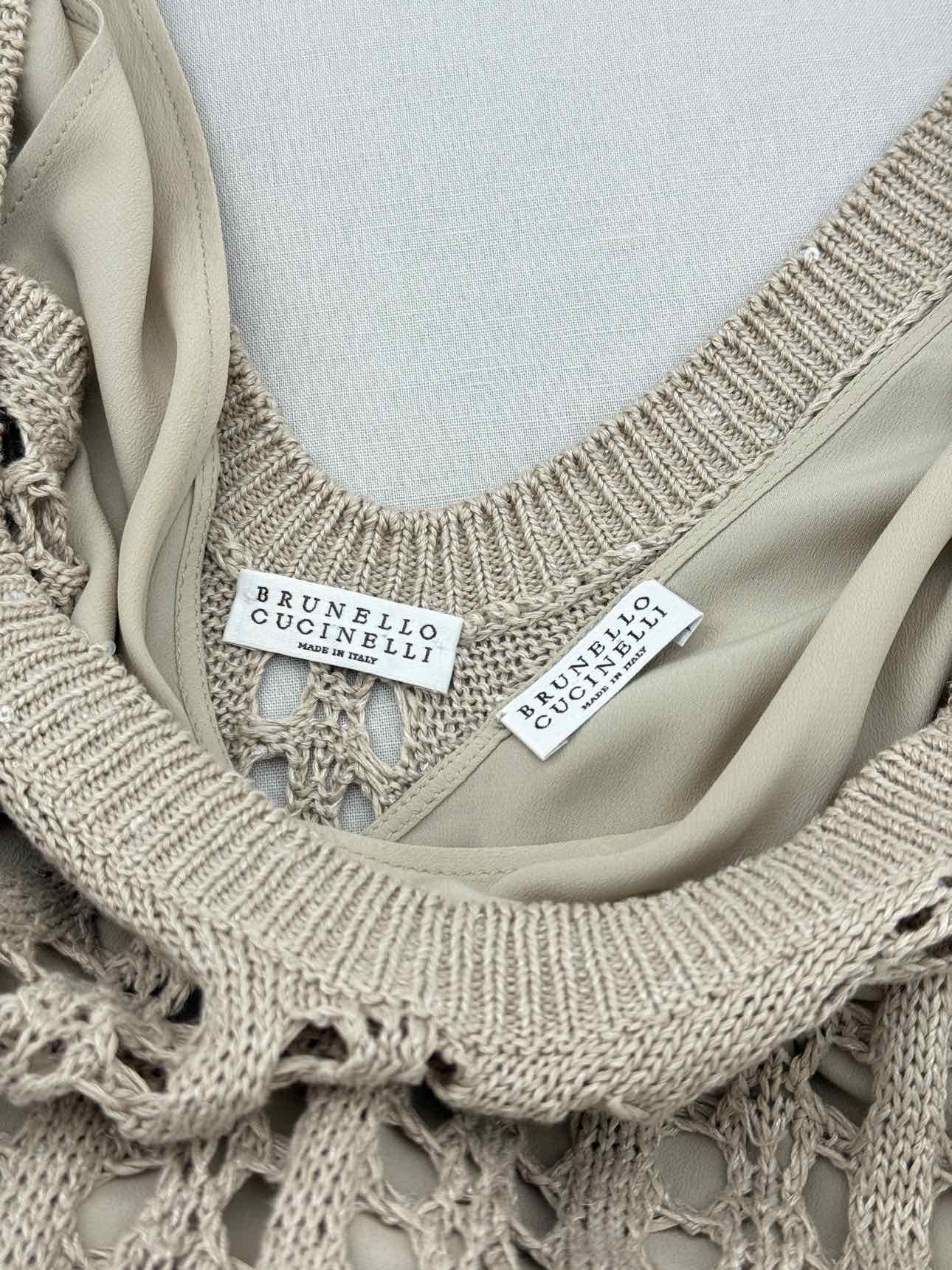 BRUNELLO CUCINELLI Beige Eyelet Size Medium Midi Dress