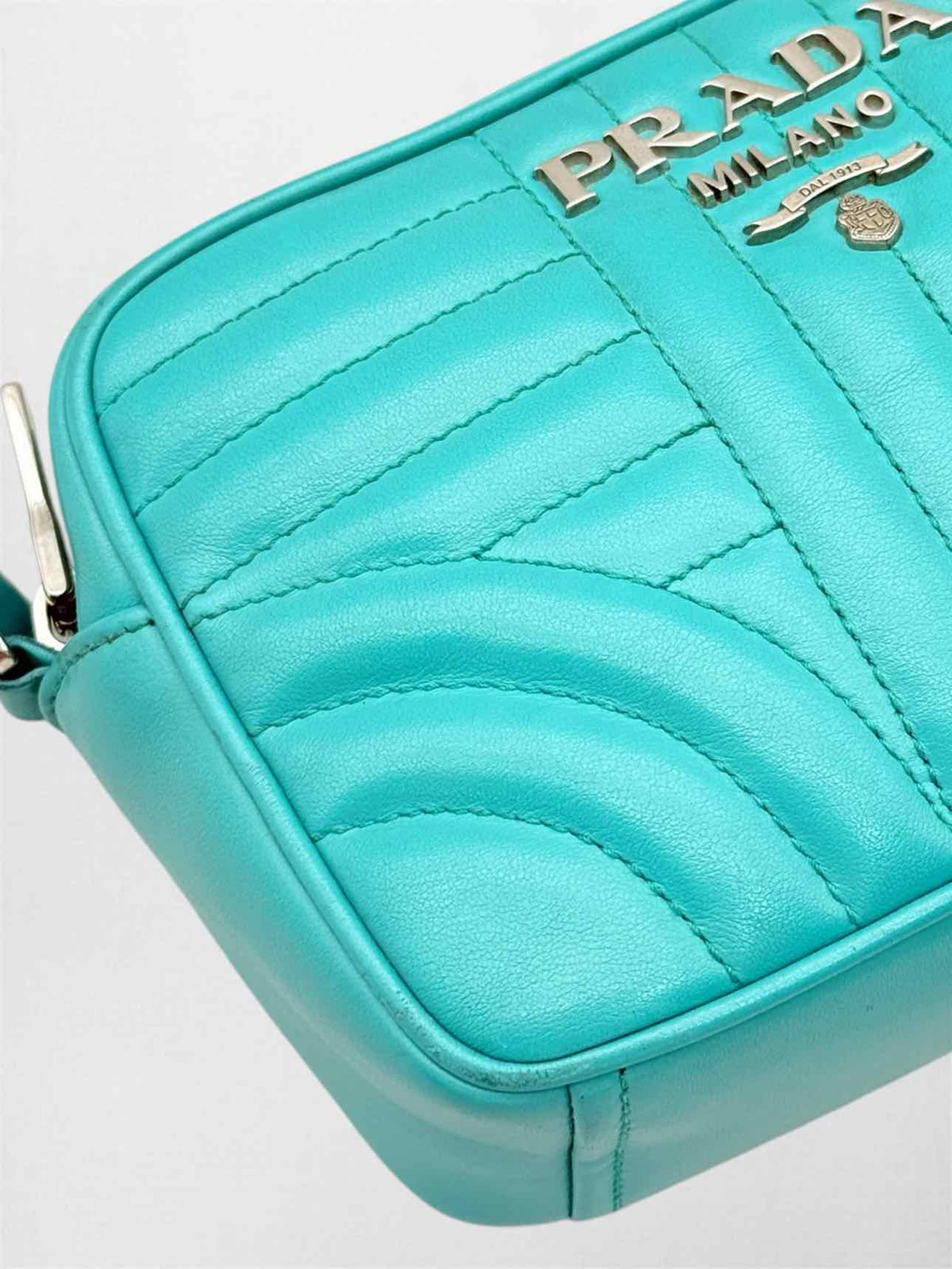 PRADA Diagramme Camera Turquoise Quilted Crossbody
