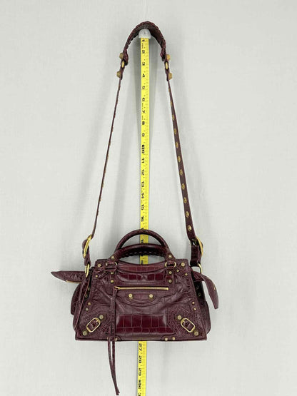 BALENCIAGA Cagole Burgundy Croc Embossed Leather Top Handle