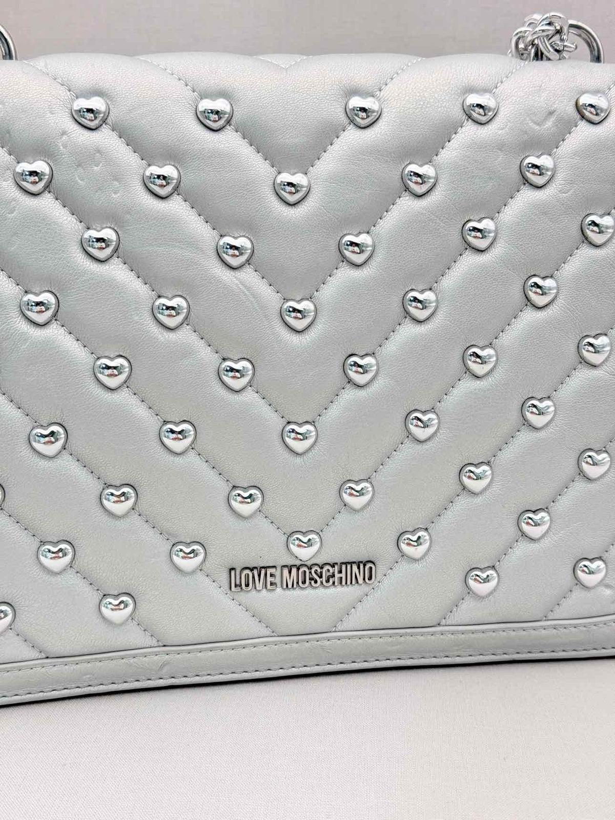 LOVE MOSCHINO Metallic Silver Quilted Shoulder Bag