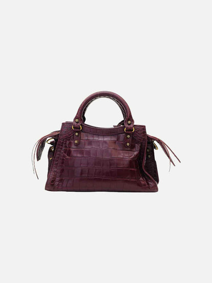 BALENCIAGA Cagole Burgundy Croc Embossed Leather Top Handle