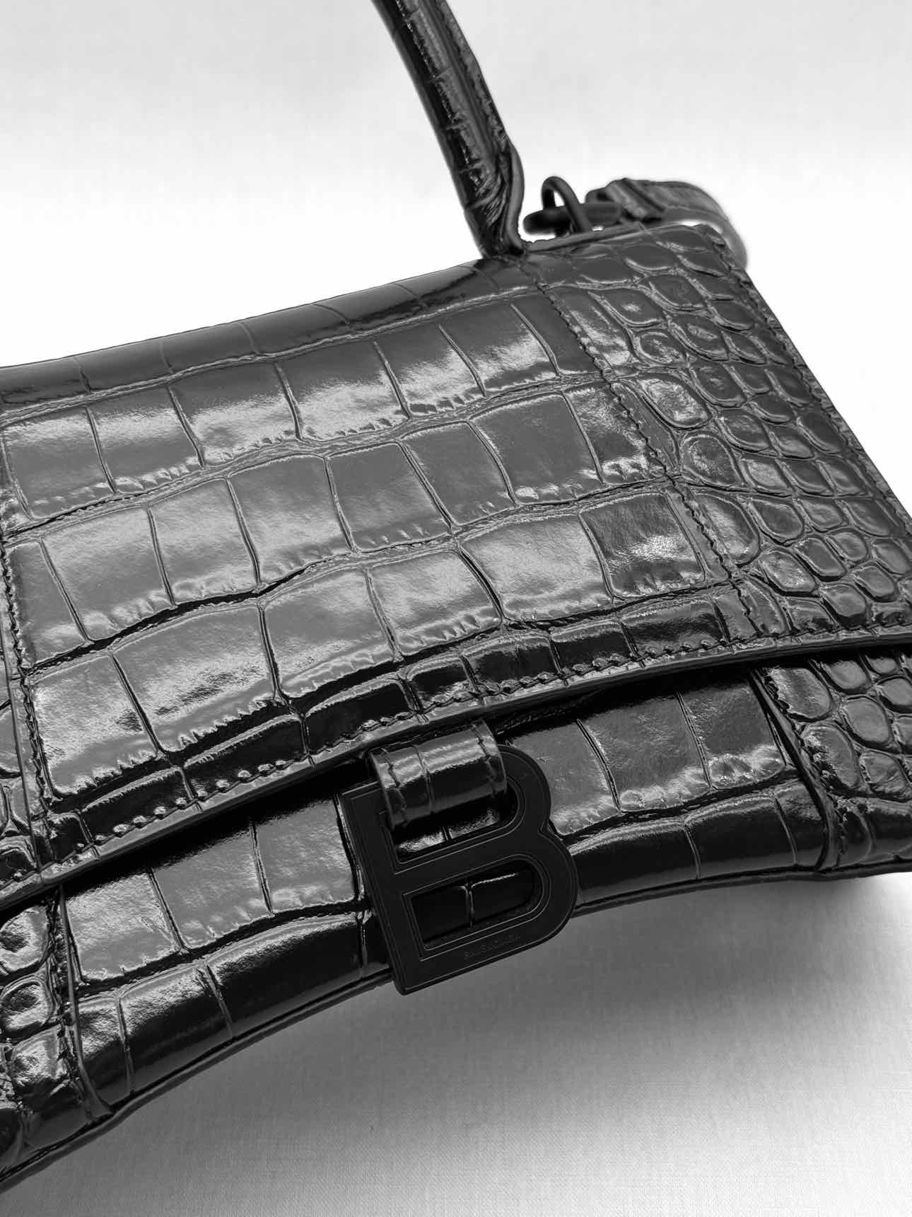 BALENCIAGA Hourglass Black Croc Embossed Top Handle
