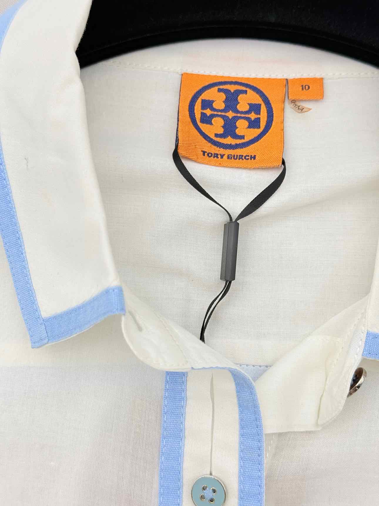 TORY BURCH White w/ Blue Trim Size US 10 Shirt
