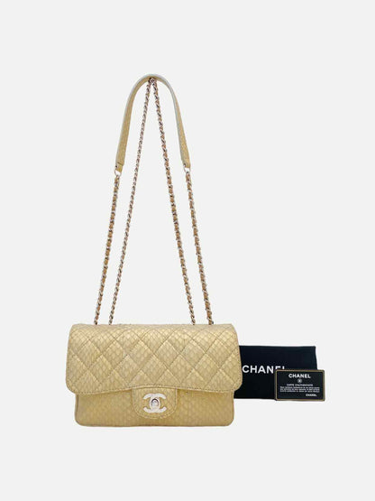 CHANEL 3 Accordian Flap Beige Quilted Shoulder Bag