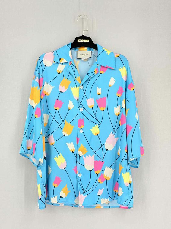GUCCI 2021 Blue Multicolor Tulip Print Size Small Shirt