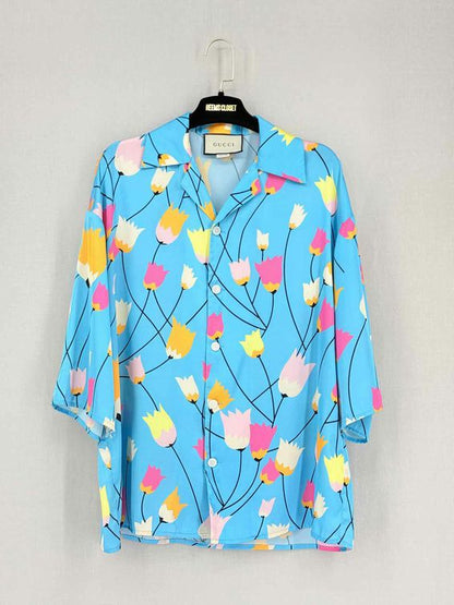 GUCCI 2021 Blue Multicolor Tulip Print Size Small Shirt