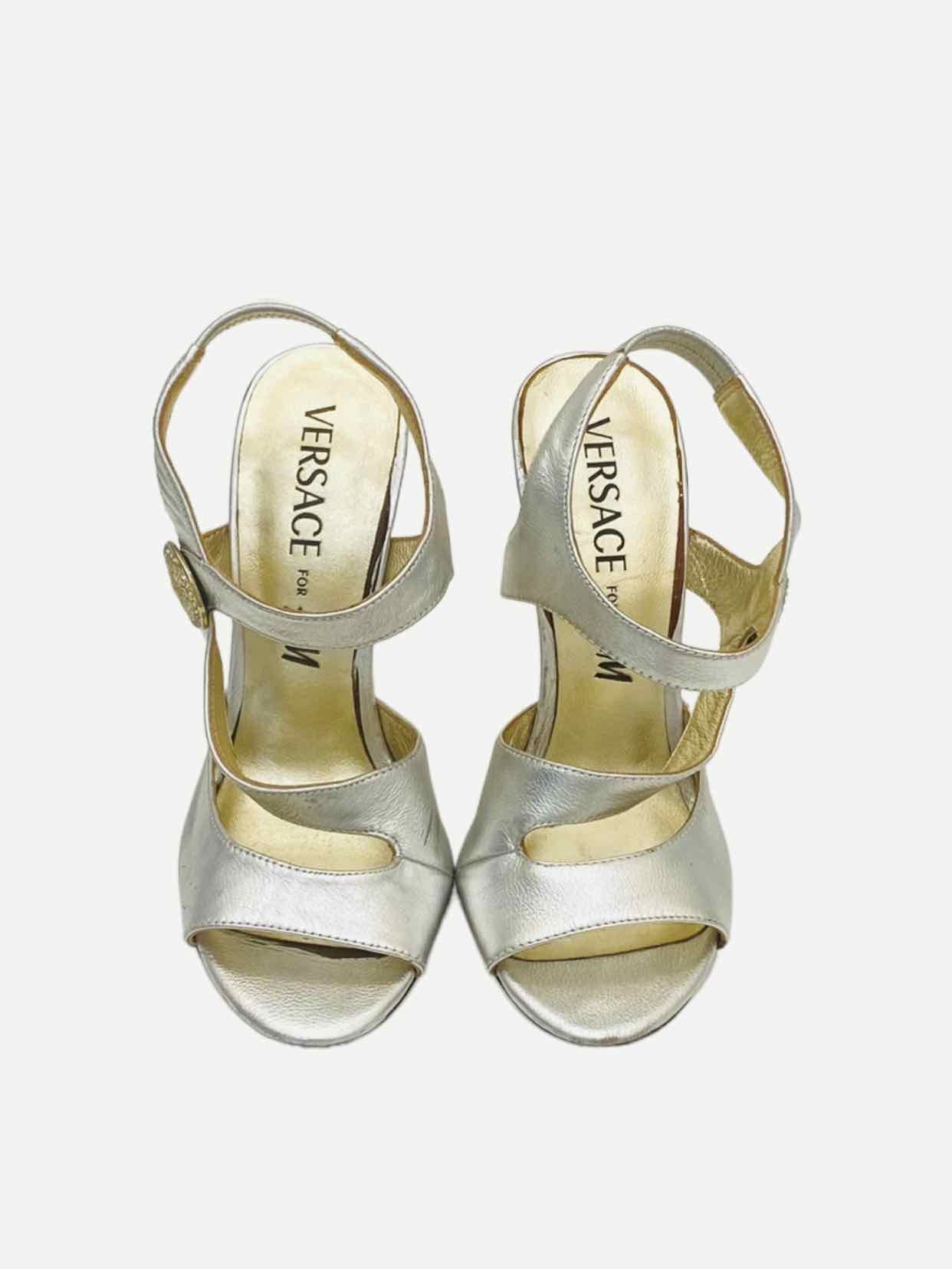 VERSACE Ankle Strap Metallic Silver Heeled Sandals 38