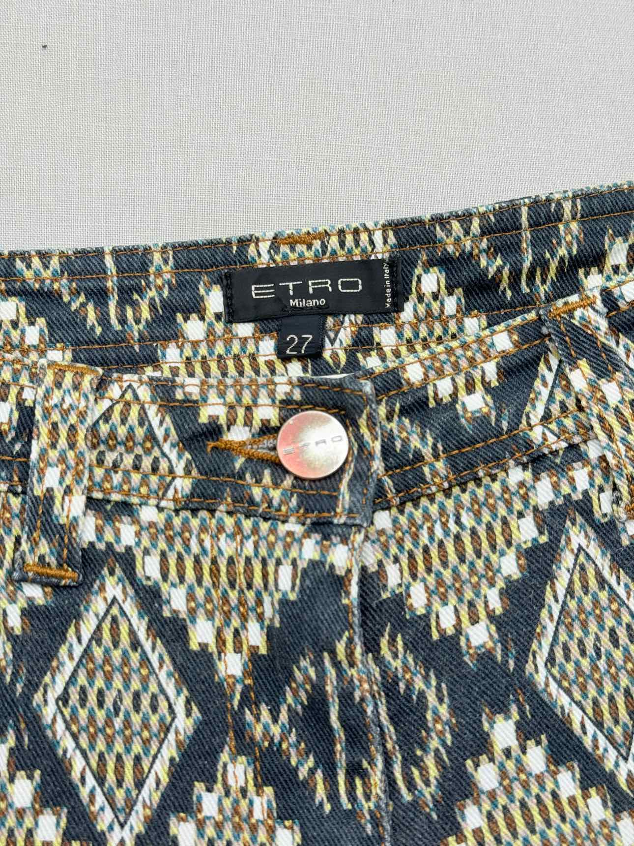 ETRO Blue Multicolor Diamond Pattern Size 27 Jeans